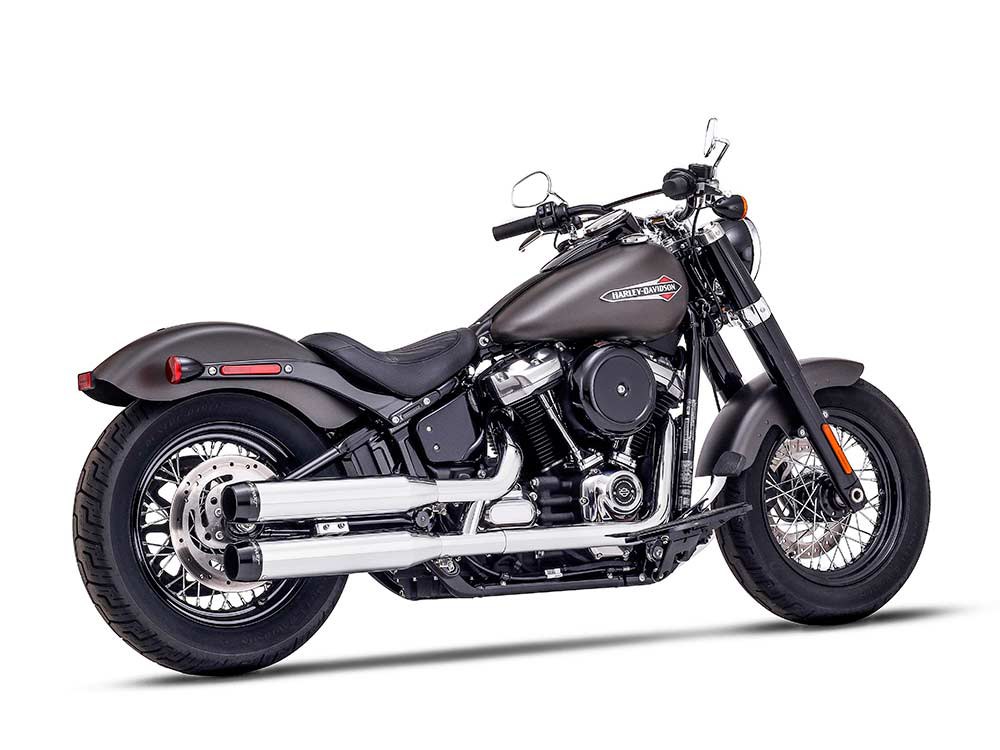 RINEHART EXHAUST 3-1/2in. Slip-On Mufflers – Chrome with Contrast Cut Black End Caps. Fits Softail Slim, Street Bob, Standard & Low Rider Models 2018-2024 & Breakout & Fat Boy 2018up