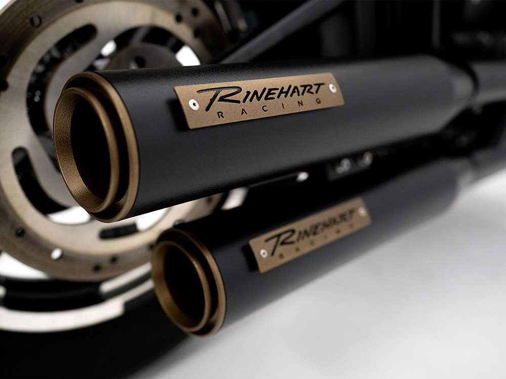 RINEHART EXHAUST 3-1/2in. Slip-On Mufflers – Black with Bronze End Caps. Fits Softail Slim, Street Bob, Standard & Low Rider Models 2018-2024 & Breakout & Fat Boy 2018up