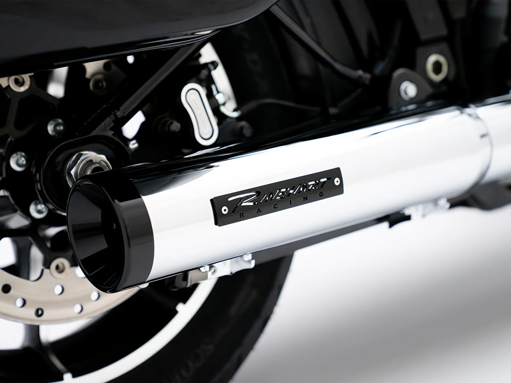 RINEHART EXHAUST 4in. HP40 Slip-On Muffler – Chrome with Black End Cap. Fits Softail Street Bob, Low Rider S, Low Rider ST & Heritage 2025up