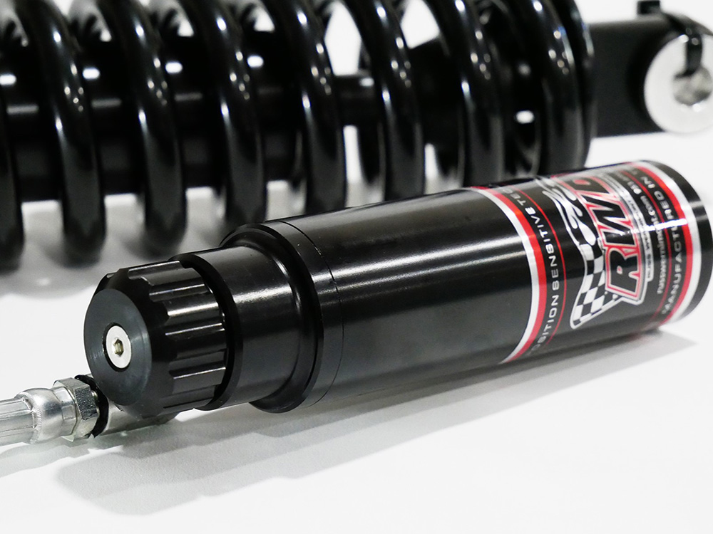 RWD V-Twin 13.5in. RS-2 Piggyback Rear Shock Absorbers with Standard Spring Rate – Black. Fits Softail 2018up.