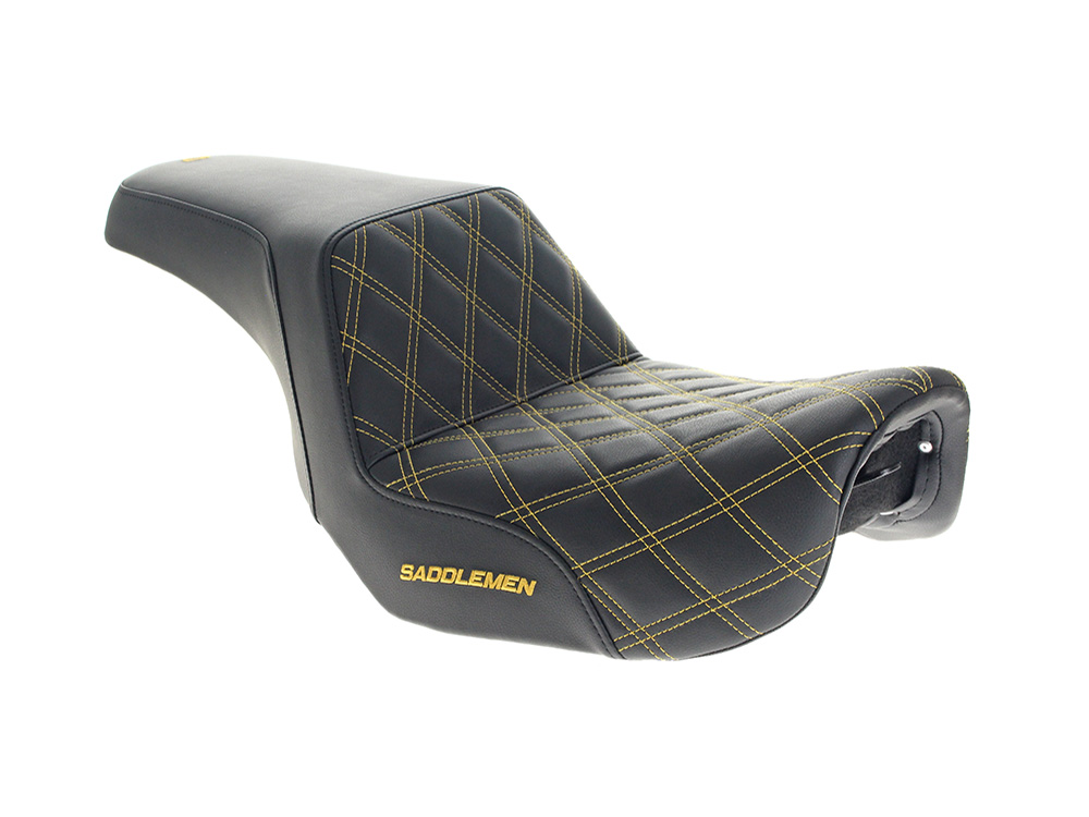 SADDLEMEN SEATS Step-Up LS Dual Seat with Gold Double Diamond Lattice Stitch. Fits Dyna 2006-2017.