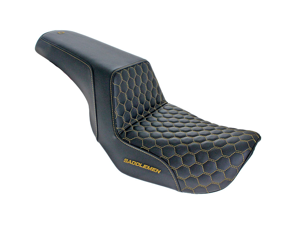 SADDLEMEN SEATS Step-Up HC Dual Seat with Gold Honeycomb Stitch. Fits Dyna 2006-2017
