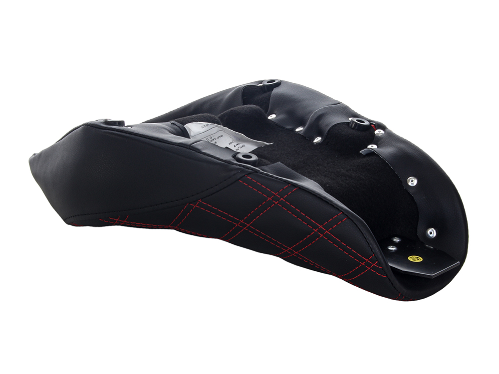 SADDLEMEN SEATS Renegade LS Solo Seat with Red Double Diamond Lattice Stitch. Fits Sportster 2004-2021 with 4.5 Gallon Fuel Tank.