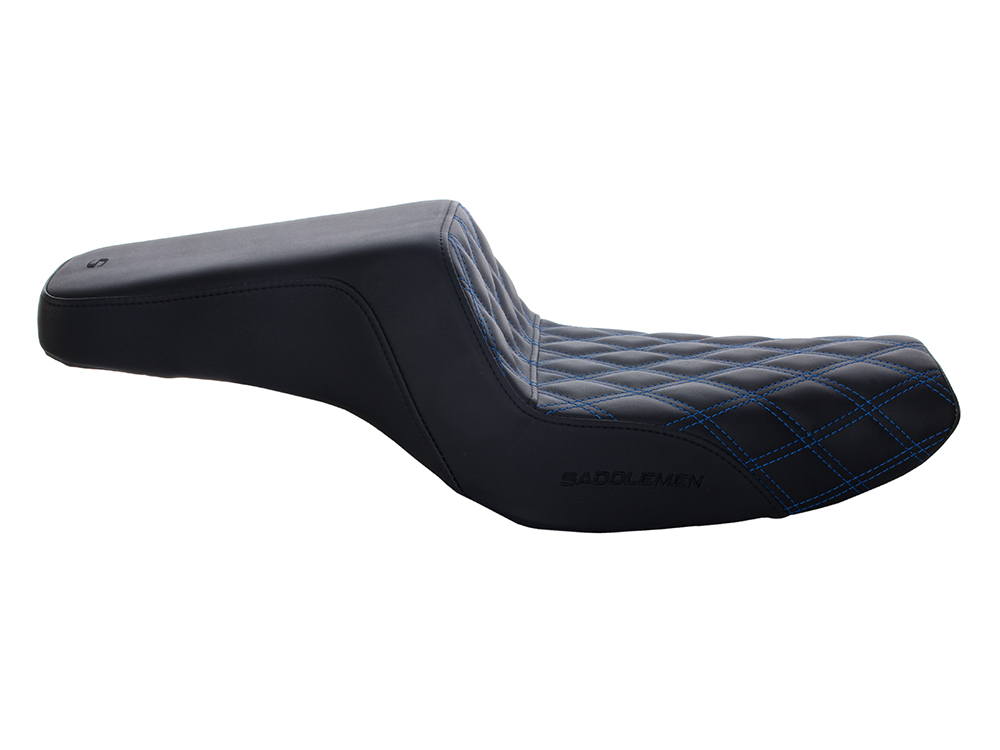 SADDLEMEN SEATS Step-Up LS Dual Seat with Blue Double Diamond Lattice Stitch. Fits Sportster 2004-2021 with 4.5 Gallon Fuel Tank.