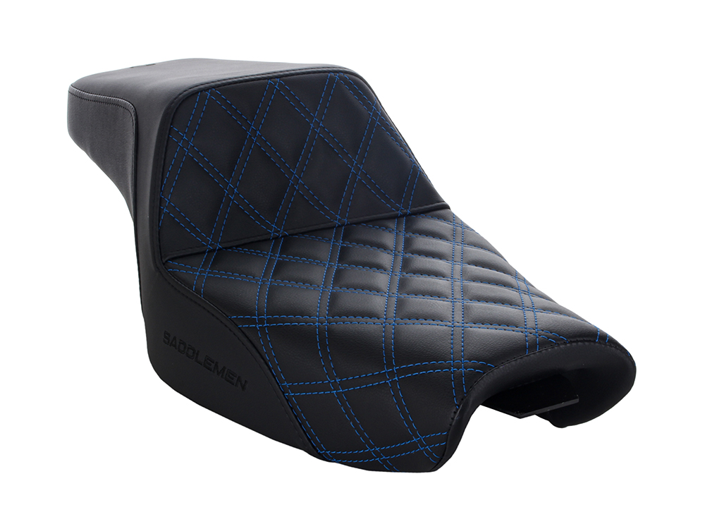SADDLEMEN SEATS Step-Up LS Dual Seat with Blue Double Diamond Lattice Stitch. Fits Sportster 2004-2021 with 4.5 Gallon Fuel Tank.
