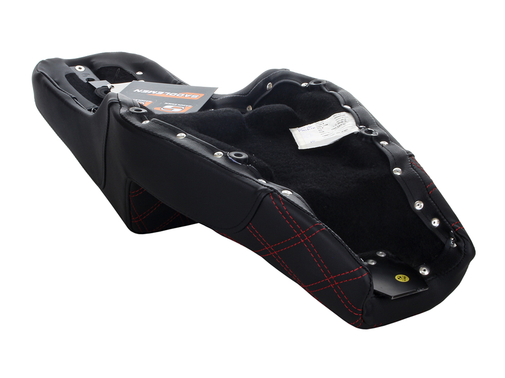 SADDLEMEN SEATS Step-Up LS Dual Seat with Red Double Diamond Lattice Stitch. Fits Sportster 2004-2021 with 4.5 Gallon Fuel Tank.