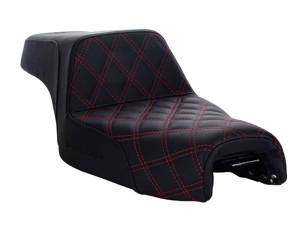 SADDLEMEN SEATS Step-Up LS Dual Seat with Red Double Diamond Lattice Stitch. Fits Sportster 2004-2021 with 4.5 Gallon Fuel Tank.