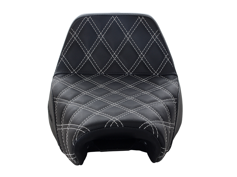 SADDLEMEN SEATS Step-Up LS Dual Seat with White Double Diamond Lattice Stitch. Fits Sportster 2004-2021 with 4.5 Gallon Fuel Tank.