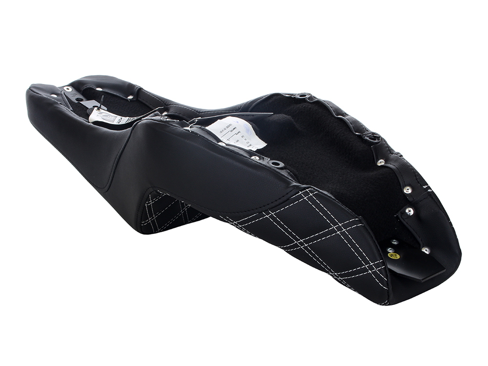 SADDLEMEN SEATS Step-Up LS Dual Seat with White Double Diamond Lattice Stitch. Fits Sportster 2004-2021 with 4.5 Gallon Fuel Tank.