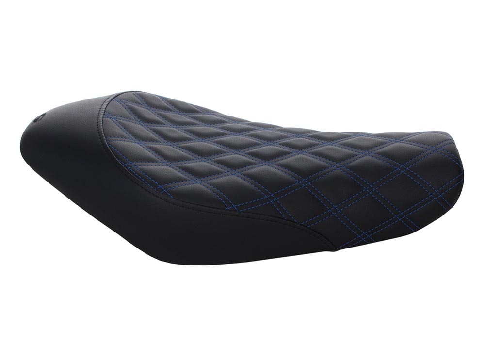 SADDLEMEN SEATS Renegade LS Solo Seat with Blue Double Diamond Lattice Stitch. Fits Sportster 2004-2021 with 3.3 Gallon Fuel Tank.