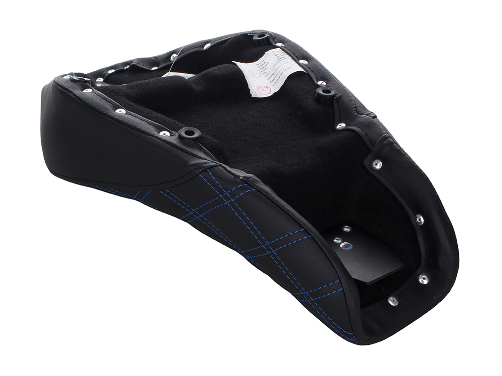 SADDLEMEN SEATS Renegade LS Solo Seat with Blue Double Diamond Lattice Stitch. Fits Sportster 2004-2021 with 3.3 Gallon Fuel Tank.