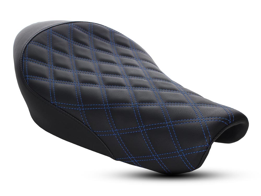 SADDLEMEN SEATS Renegade LS Solo Seat with Blue Double Diamond Lattice Stitch. Fits Sportster 2004-2021 with 3.3 Gallon Fuel Tank.