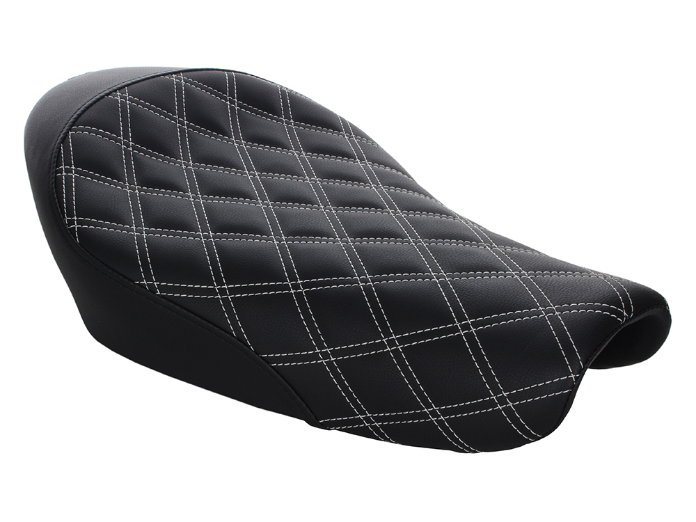 SADDLEMEN SEATS Renegade LS Solo Seat with White Double Diamond Lattice Stitch. Fits Sportster 2004-2021 with 3.3 Gallon Fuel Tank.