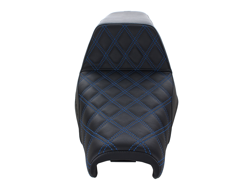 SADDLEMEN SEATS Step-Up LS Dual Seat with Blue Double Diamond Lattice Stitch. Fits Sportster 2004-2021 with 3.3 Gallon Fuel Tank.