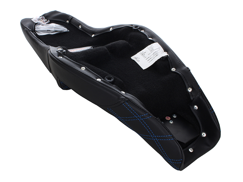 SADDLEMEN SEATS Step-Up LS Dual Seat with Blue Double Diamond Lattice Stitch. Fits Sportster 2004-2021 with 3.3 Gallon Fuel Tank.