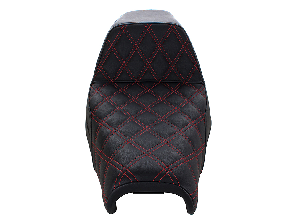 SADDLEMEN SEATS Step-Up LS Dual Seat with Red Double Diamond Lattice Stitch. Fits Sportster 2004-2021 with 3.3 Gallon Fuel Tank.