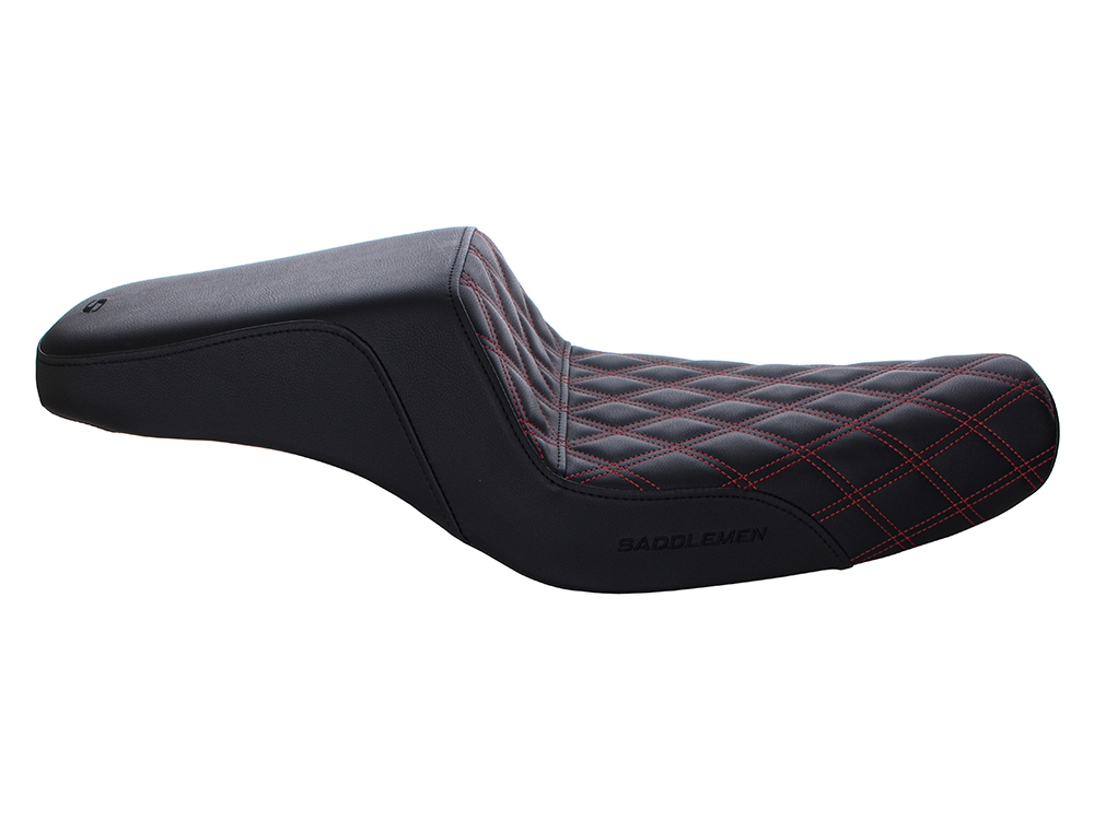 SADDLEMEN SEATS Step-Up LS Dual Seat with Red Double Diamond Lattice Stitch. Fits Sportster 2004-2021 with 3.3 Gallon Fuel Tank.