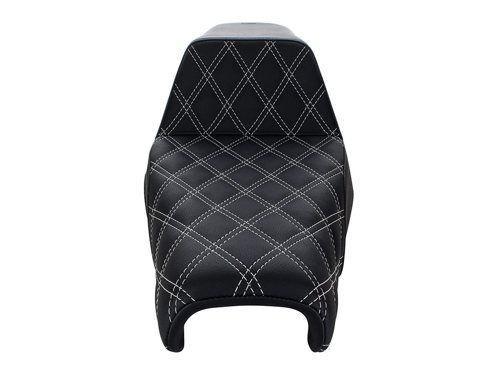 SADDLEMEN SEATS Step-Up LS Dual Seat with White Double Diamond Lattice Stitch. Fits Sportster 2004-2021 with 3.3 Gallon Fuel Tank.