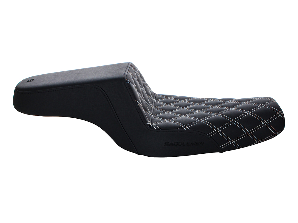 SADDLEMEN SEATS Step-Up LS Dual Seat with White Double Diamond Lattice Stitch. Fits Sportster 2004-2021 with 3.3 Gallon Fuel Tank.