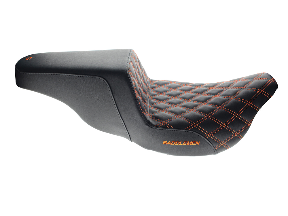 SADDLEMEN SEATS Step-Up LS Dual Seat with Orange Double Diamond Lattice Stitch. Fits Most Touring 2008-2024