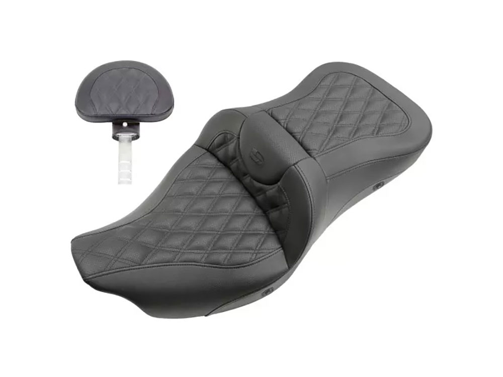 SADDLEMEN SEATS Heated Roadsofa LS Dual Seat With Backrest & Black Double Diamond Lattice Stitch. Fits Most Touring 2008-2024