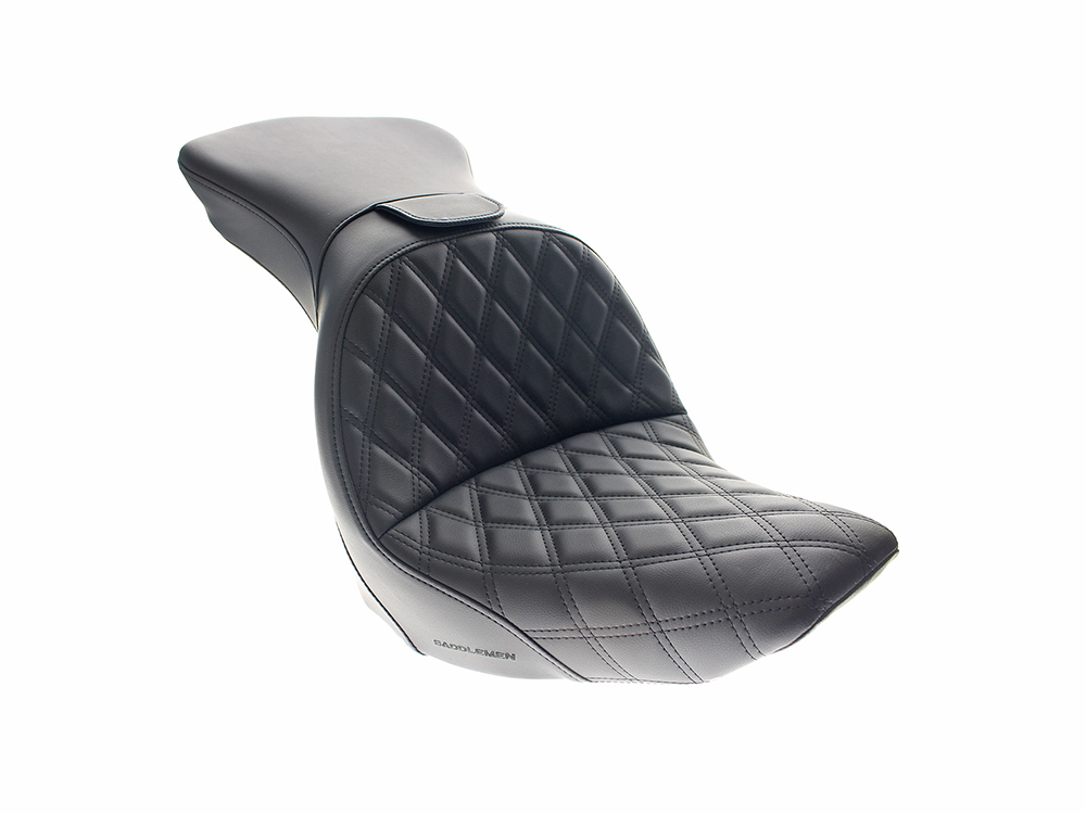 SADDLEMEN SEATS Explorer LS Dual Seat With Backrest & with Black Double Diamond Lattice Stitch. Fits Softail Deluxe & Heritage 2006-2017