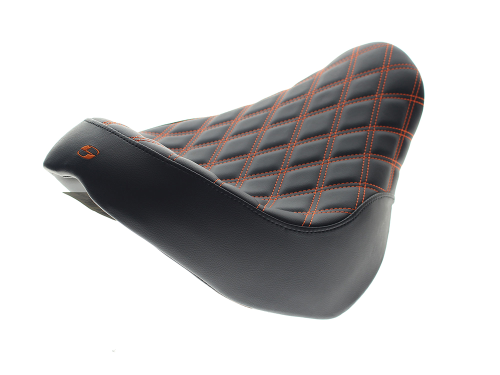 SADDLEMEN SEATS Renegade LS Solo Seat with Orange Double Diamond Lattice Stitch. Fits Fat Boy 2018up & Breakout 2023up
