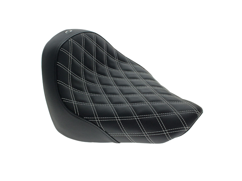 SADDLEMEN SEATS Renegade LS Solo Seat with White Double Diamond Lattice Stitch. Fits Fat Boy 2018up & Breakout 2023up