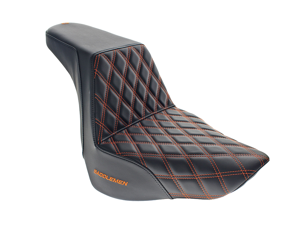 SADDLEMEN SEATS Step-Up Front LS Dual Seat with Orange Double Diamond Lattice Stitch. Fits Fat Boy 2018up & Breakout 2023up