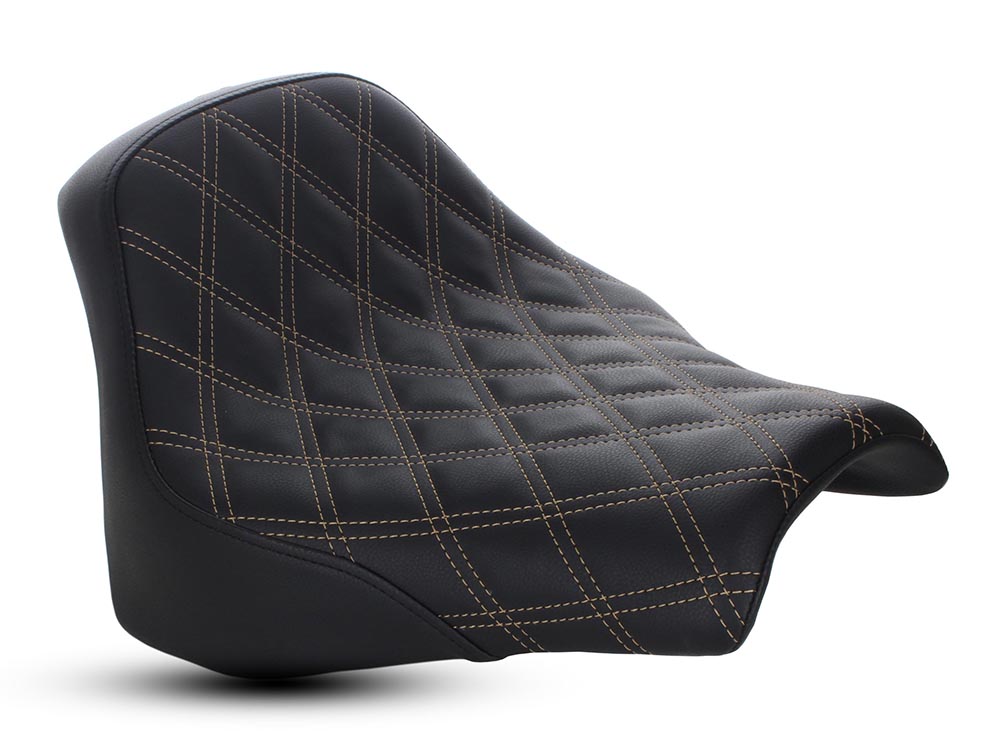 SADDLEMEN SEATS Renegade LS Solo Seat with Gold Double Diamond Lattice Stitch. Fits Fat Bob 2018-2024
