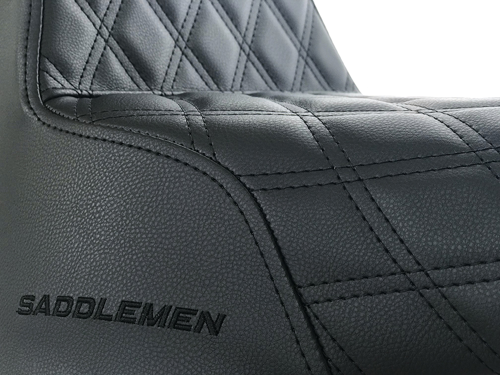 SADDLEMEN SEATS Step-Up LS Dual Seat with Black Double Diamond Lattice Stitch. Fits Fat Bob 2018-2024