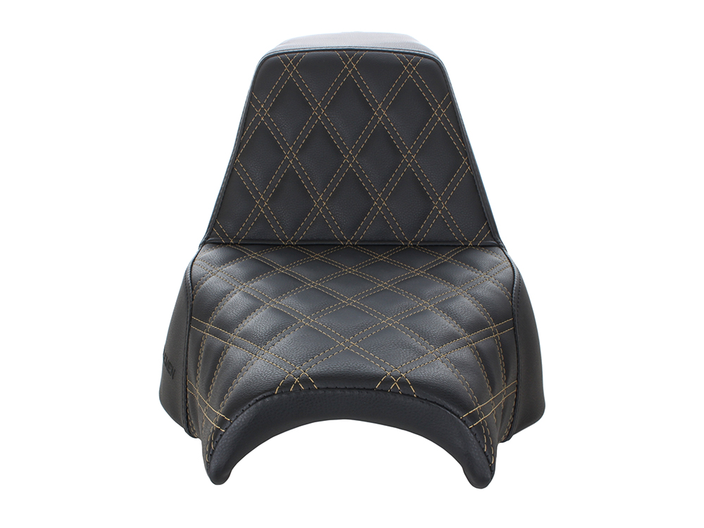 SADDLEMEN SEATS Step-Up LS Dual Seat with Gold Double Diamond Lattice Stitch. Fits Fat Bob 2018-2024