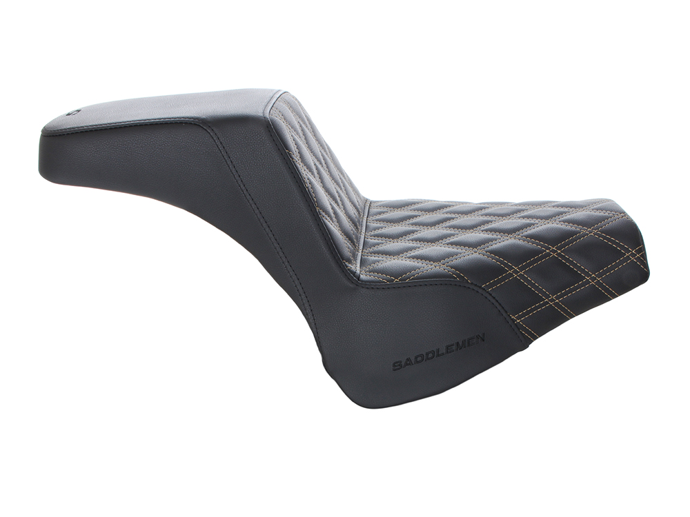 SADDLEMEN SEATS Step-Up LS Dual Seat with Gold Double Diamond Lattice Stitch. Fits Fat Bob 2018-2024