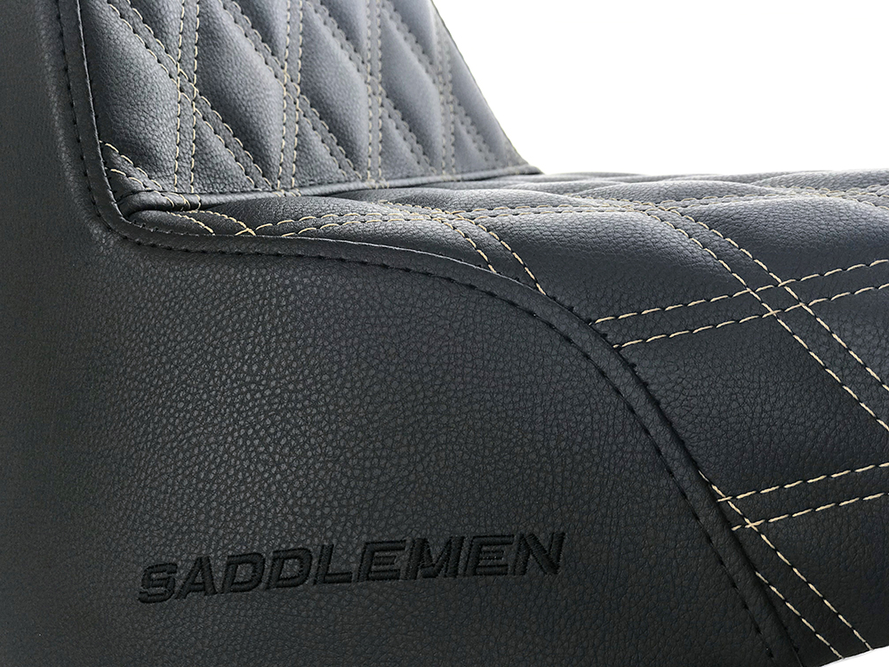 SADDLEMEN SEATS Step-Up LS Dual Seat with Gold Double Diamond Lattice Stitch. Fits Fat Bob 2018-2024