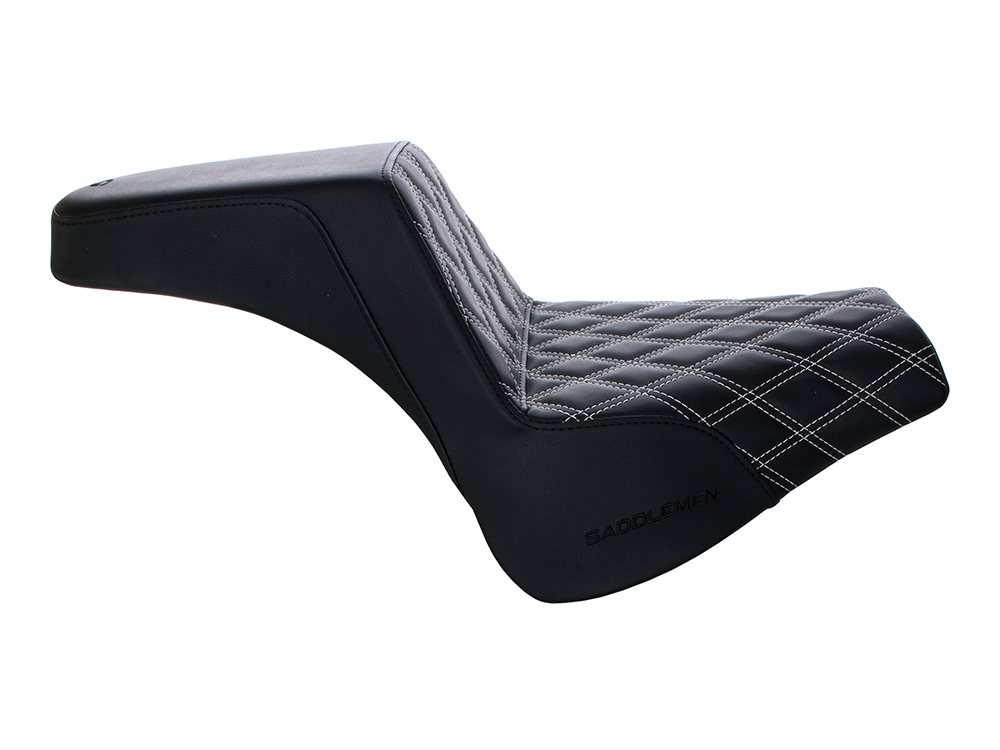 SADDLEMEN SEATS Step-Up LS Dual Seat with White Double Diamond Lattice Stitch. Fits Fat Bob 2018-2024
