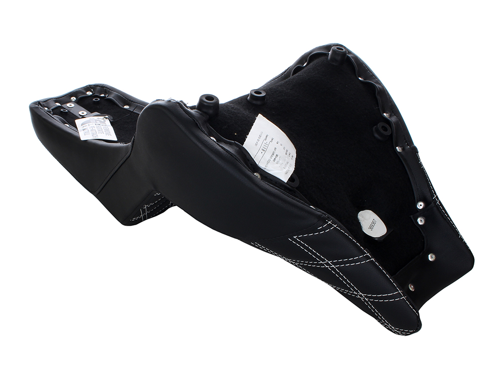 SADDLEMEN SEATS Step-Up LS Dual Seat with White Double Diamond Lattice Stitch. Fits Fat Bob 2018-2024