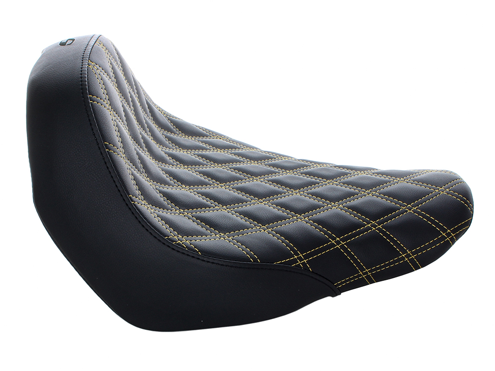 SADDLEMEN SEATS Renegade LS Solo Seat with Gold Double Diamond Lattice Stitch. Fits Sport Glide & Low Rider 2018up, Low Rider S 2020up & Low Rider ST 2022up.