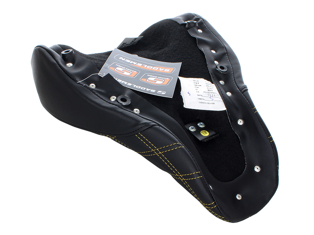 SADDLEMEN SEATS Renegade LS Solo Seat with Gold Double Diamond Lattice Stitch. Fits Sport Glide & Low Rider 2018up, Low Rider S 2020up & Low Rider ST 2022up.