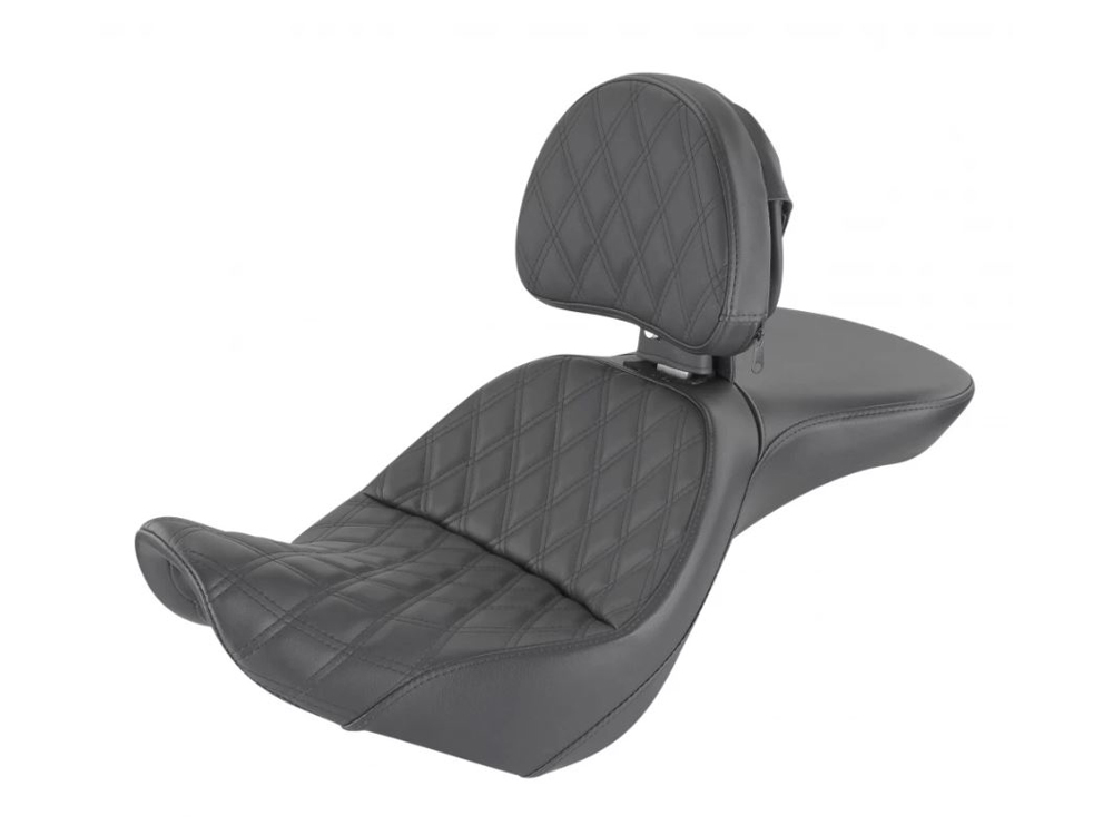 SADDLEMEN SEATS Explorer LS Dual Seat With Backrest & with Black Double Diamond Lattice Stitch. Fits Sport Glide & Low Rider 2018up, Low Rider S 2020up & Low Rider ST 2022up.