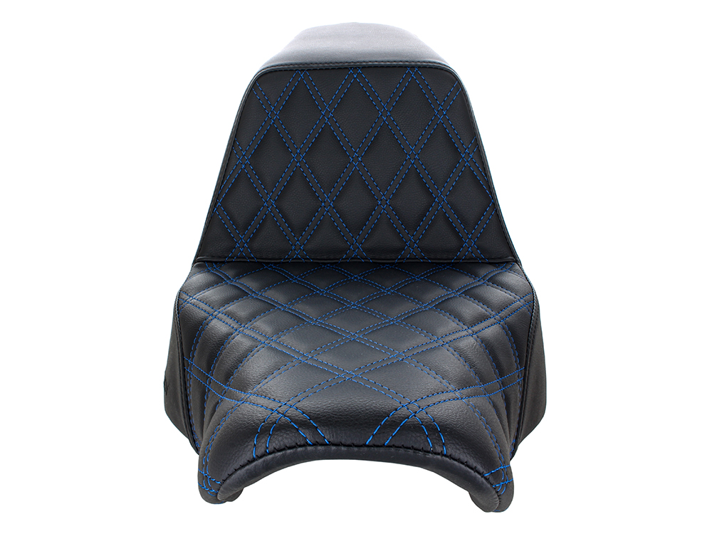 SADDLEMEN SEATS Step-Up LS Dual Seat with Blue Double Diamond Lattice Stitch. Fits Sport Glide & Low Rider 2018up, Low Rider S 2020up & Low Rider ST 2022up.