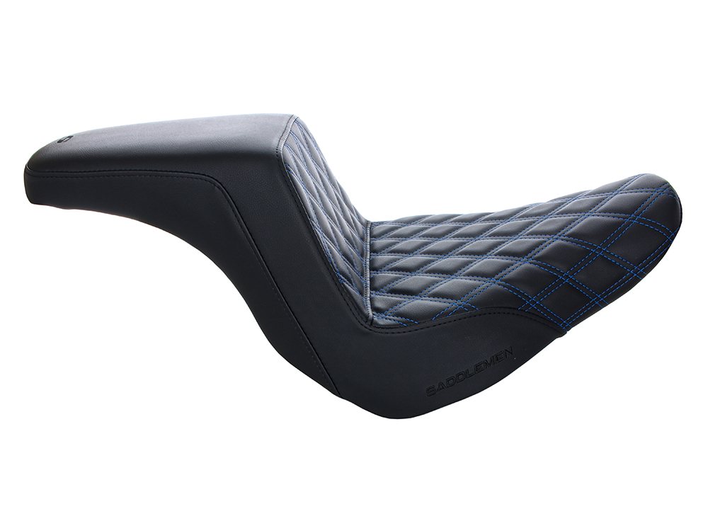 SADDLEMEN SEATS Step-Up LS Dual Seat with Blue Double Diamond Lattice Stitch. Fits Sport Glide & Low Rider 2018up, Low Rider S 2020up & Low Rider ST 2022up.