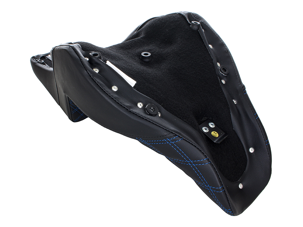SADDLEMEN SEATS Step-Up LS Dual Seat with Blue Double Diamond Lattice Stitch. Fits Sport Glide & Low Rider 2018up, Low Rider S 2020up & Low Rider ST 2022up.