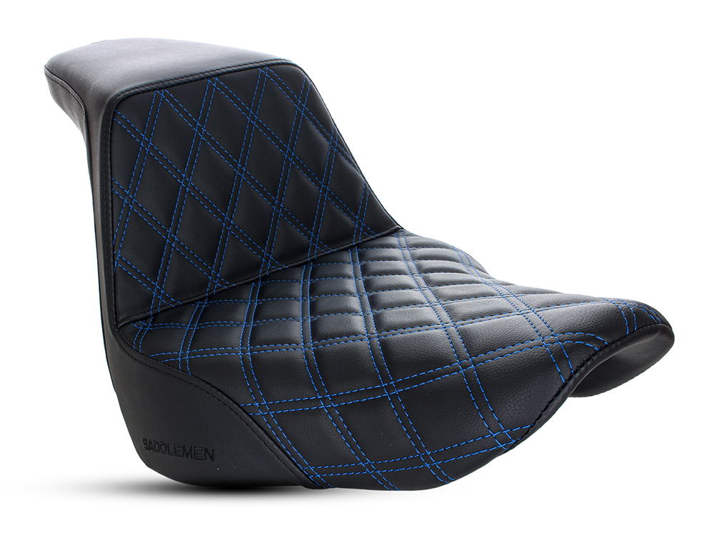 SADDLEMEN SEATS Step-Up LS Dual Seat with Blue Double Diamond Lattice Stitch. Fits Sport Glide & Low Rider 2018up, Low Rider S 2020up & Low Rider ST 2022up.