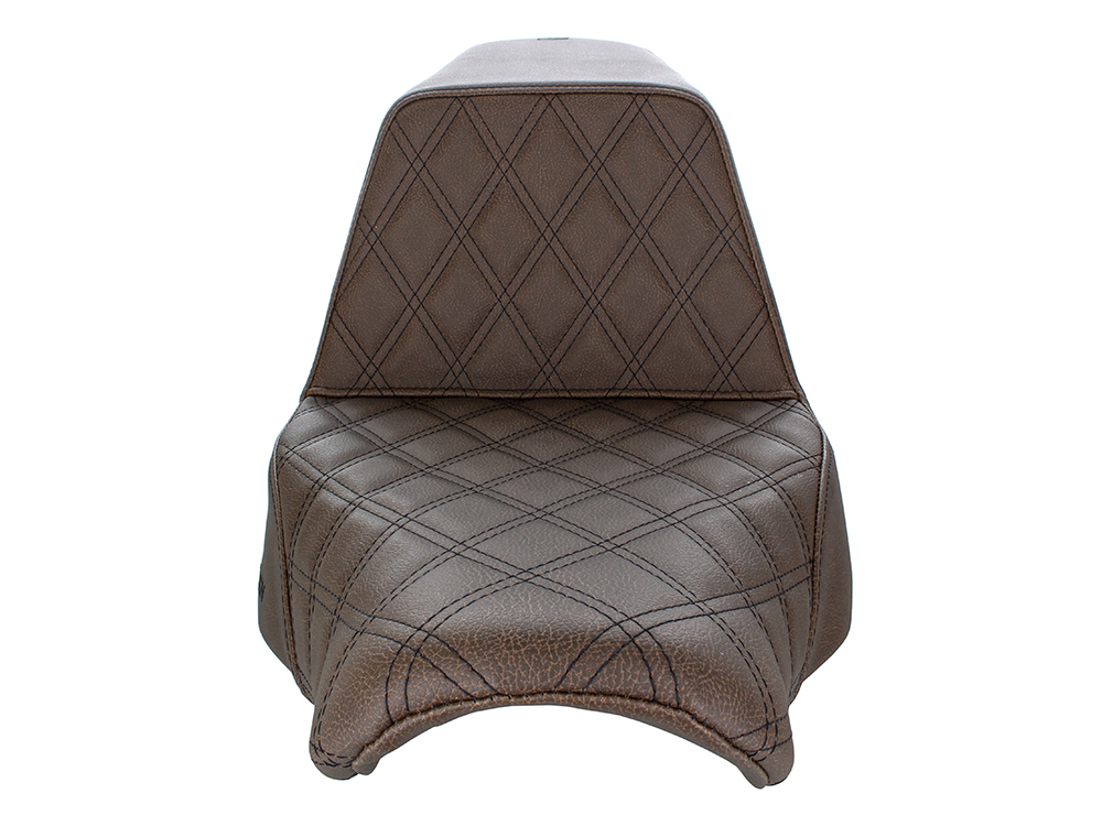 SADDLEMEN SEATS Brown Step-Up LS Dual Seat with Black Double Diamond Lattice Stitch. Fits Sport Glide & Low Rider 2018up, Low Rider S 2020up & Low Rider ST 2022up.