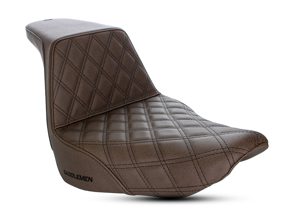 SADDLEMEN SEATS Brown Step-Up LS Dual Seat with Black Double Diamond Lattice Stitch. Fits Sport Glide & Low Rider 2018up, Low Rider S 2020up & Low Rider ST 2022up.