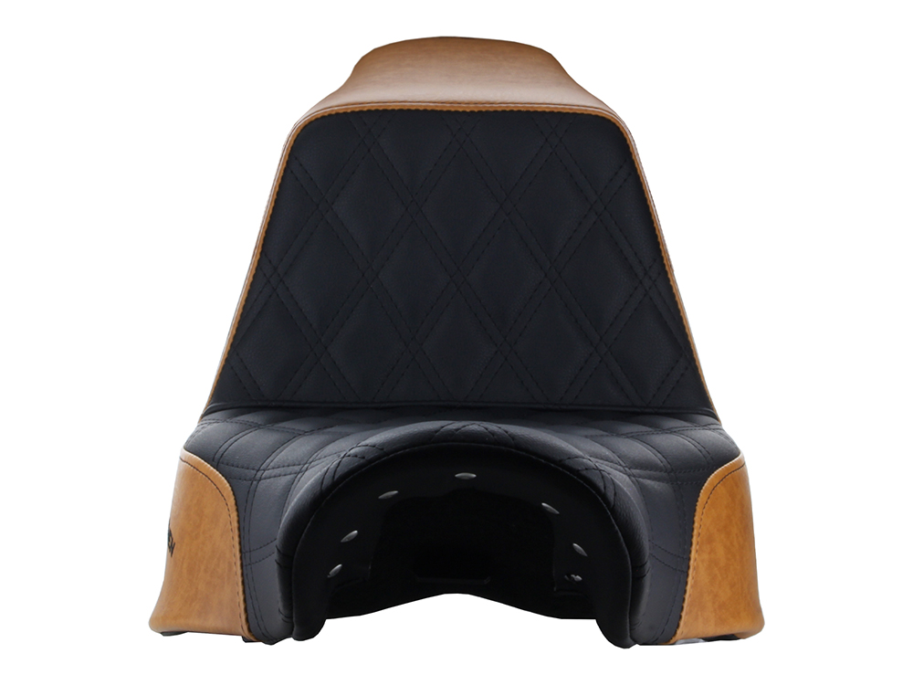 SADDLEMEN SEATS Custom Black & Brown Step-Up LS Dual Seat with Black Double Diamond Lattice Stitch. Fits Sport Glide & Low Rider 2018up, Low Rider S 2020up & Low Rider ST 2022up.