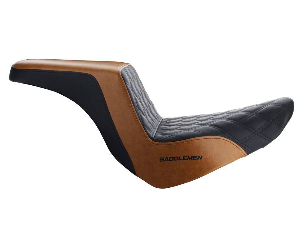 SADDLEMEN SEATS Custom Black & Brown Step-Up LS Dual Seat with Black Double Diamond Lattice Stitch. Fits Sport Glide & Low Rider 2018up, Low Rider S 2020up & Low Rider ST 2022up.