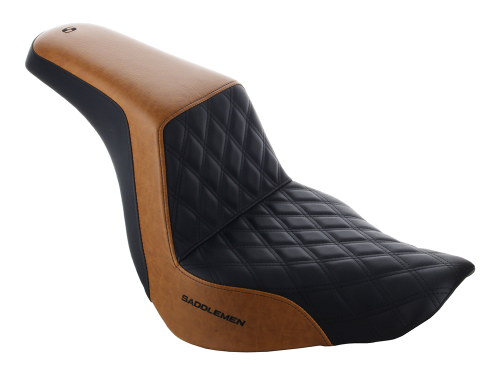 SADDLEMEN SEATS Custom Black & Brown Step-Up LS Dual Seat with Black Double Diamond Lattice Stitch. Fits Sport Glide & Low Rider 2018up, Low Rider S 2020up & Low Rider ST 2022up.