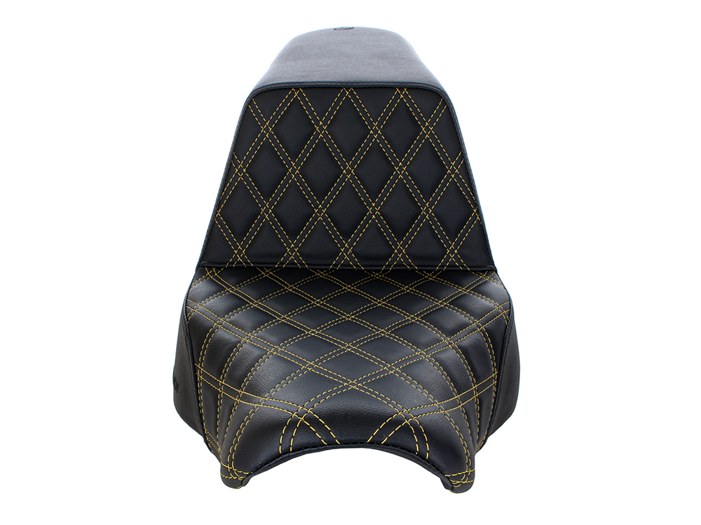 SADDLEMEN SEATS Step-Up LS Dual Seat with Gold Double Diamond Lattice Stitch. Fits Sport Glide & Low Rider 2018up, Low Rider S 2020up & Low Rider ST 2022up.