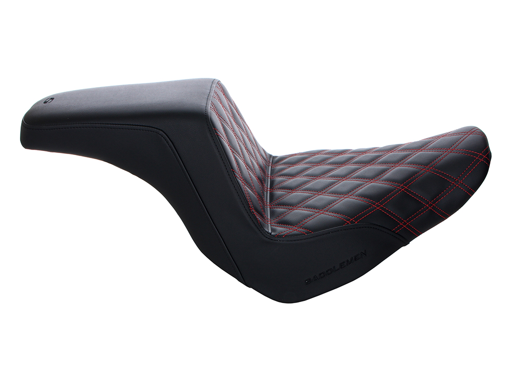 SADDLEMEN SEATS Step-Up LS Dual Seat with Red Double Diamond Lattice Stitch. Fits Sport Glide & Low Rider 2018up, Low Rider S 2020up & Low Rider ST 2022up.
